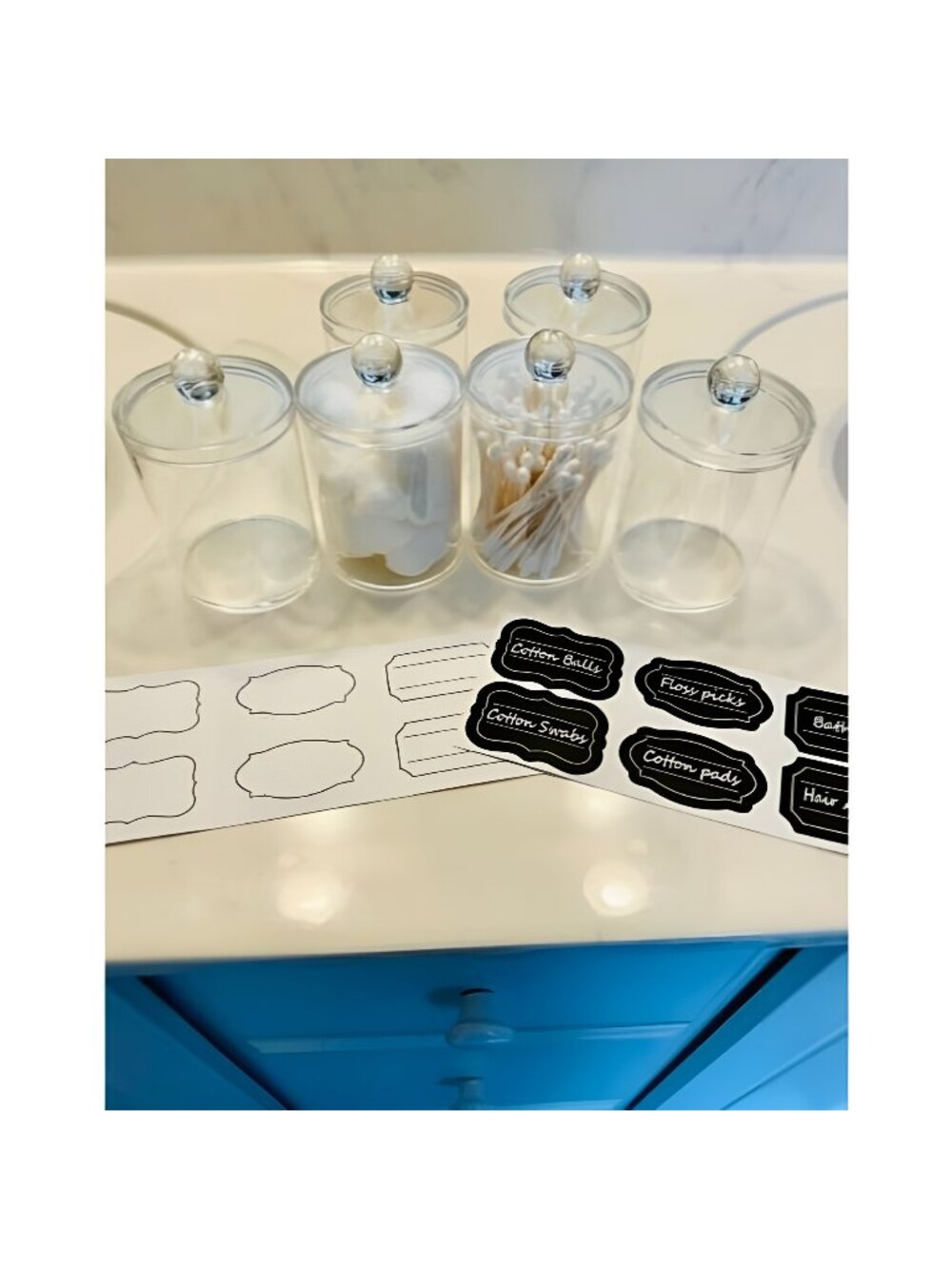 6 Pack of 12 Oz. Qtip Dispenser Apothecary Jars Bathroom with Labels